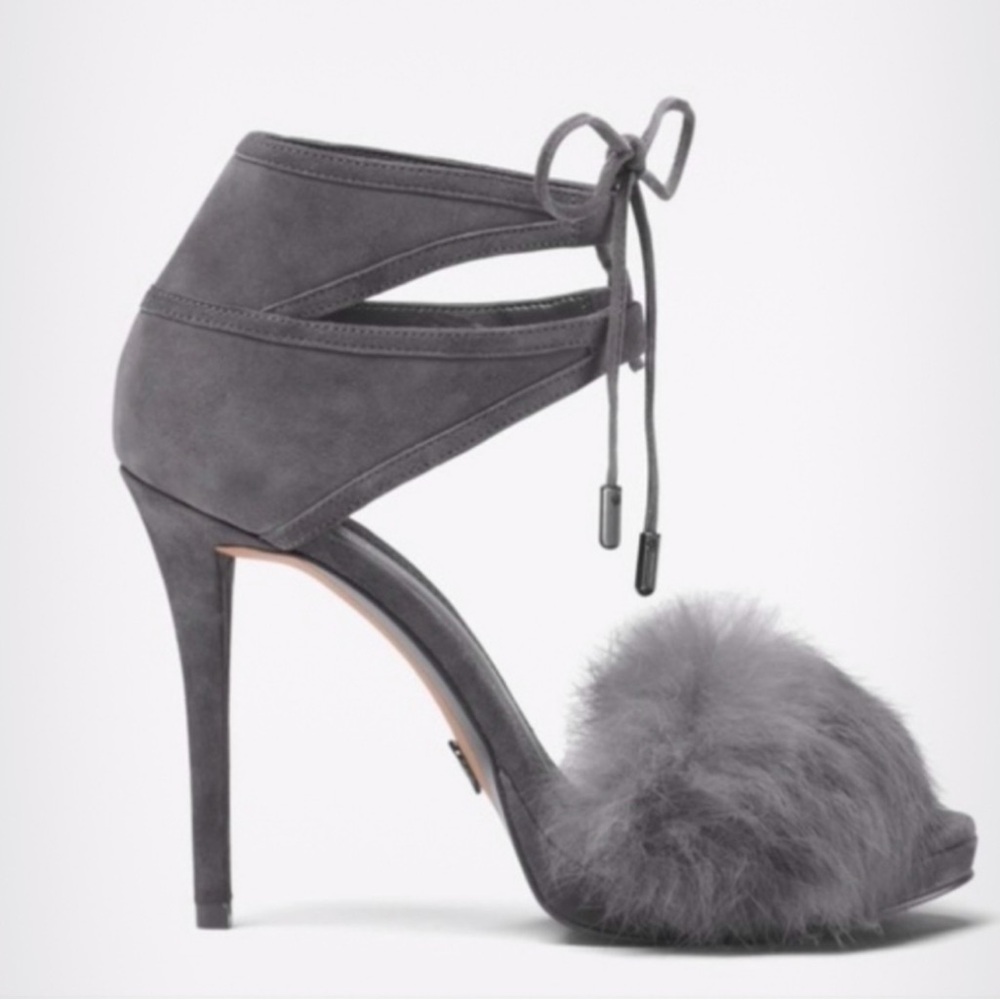 BRAND NEW MICHAEL MICHAEL KORS REMI RABBIT FUR LINES GRAY SUEDE HEELS SI… - Picture 2 of 9